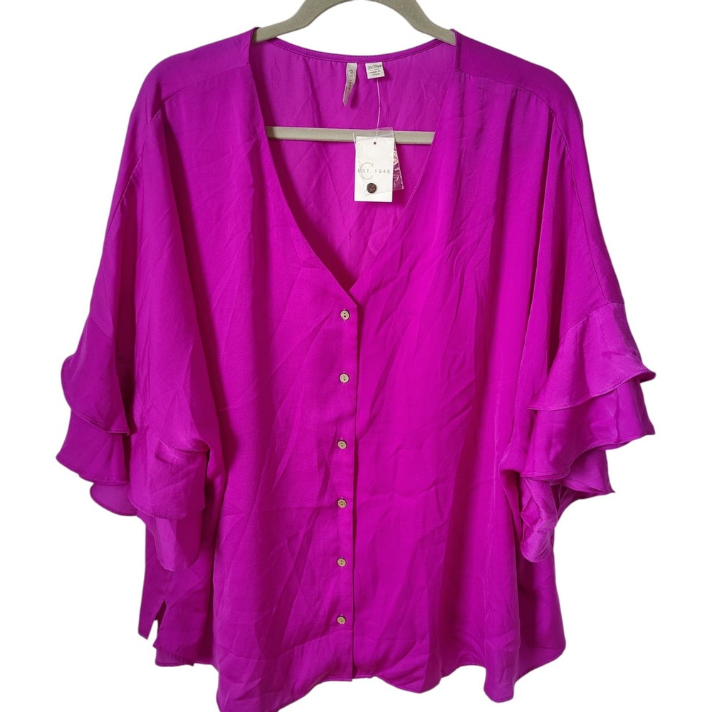 Cato‎ Blouse Women's Size 26/28W Purple Ruffle Sleeves Button Up Workwear
